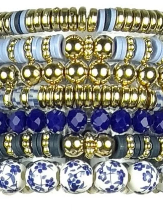 Stackable Blue & Gold Beaded Bracelet Set - Women Jewelry - Picture 3 of 3